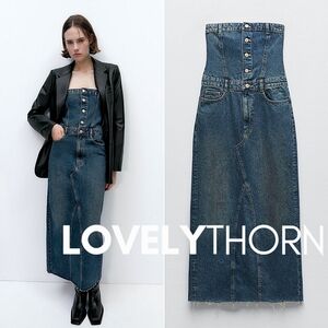 ZARA // ltd ed strapless straight neckline button front denim midi dress